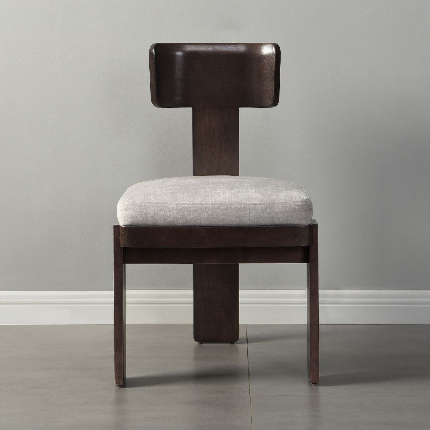 Gray upholstered dining chair set of 2 with dark brown legs