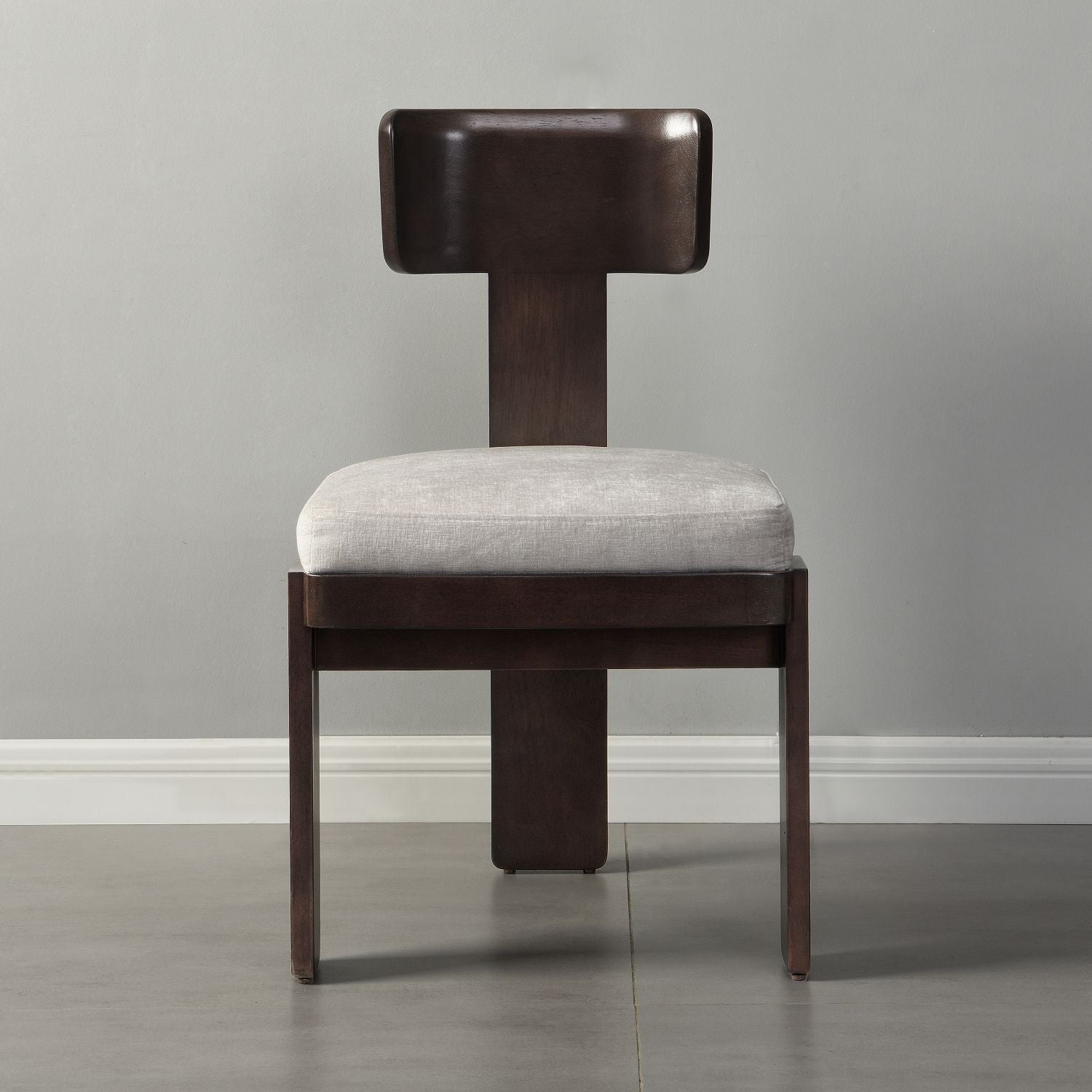 Gray upholstered dining chair set of 2 with dark brown legs