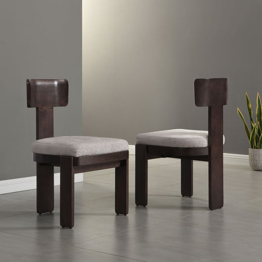 Gray upholstered dining chair set of 2 with dark brown legs