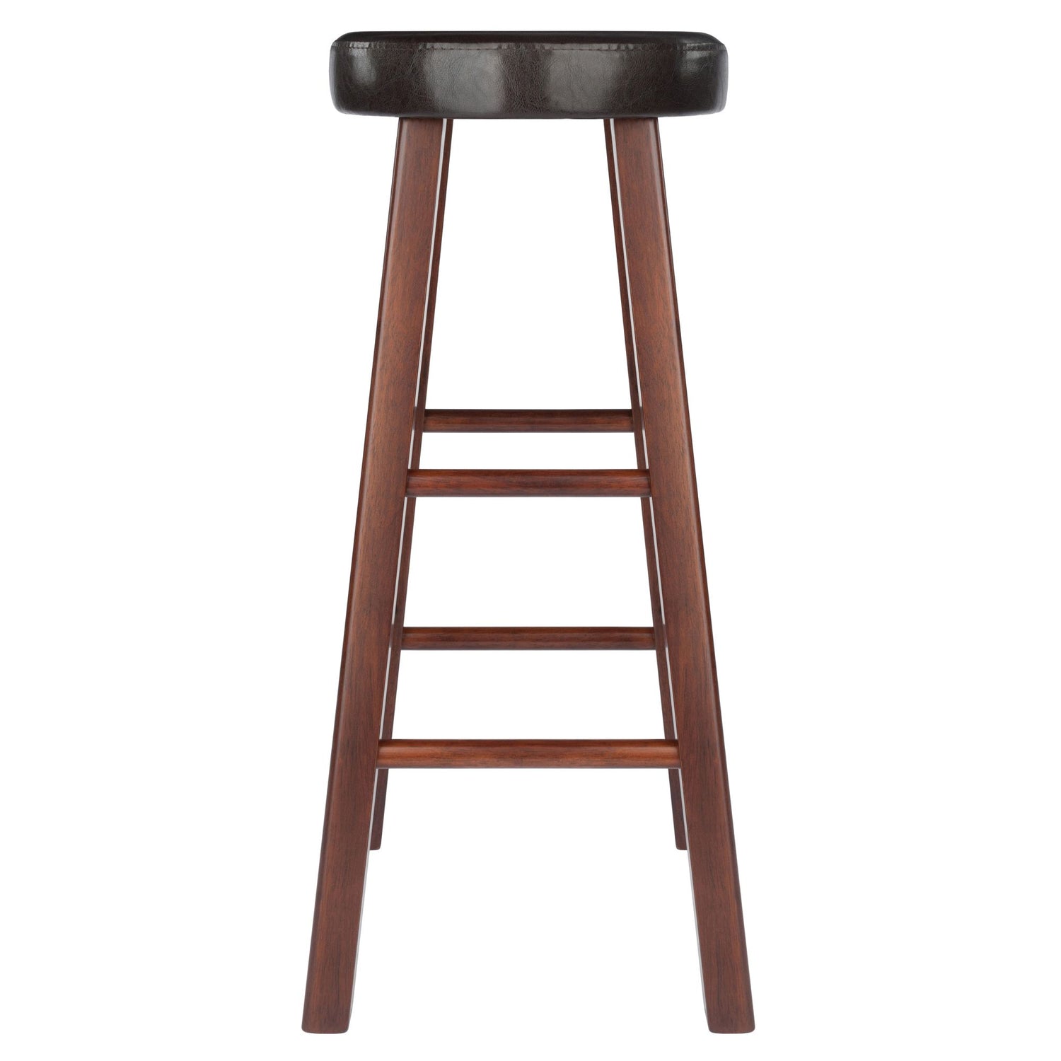 Wooden bar stool set with crossbar footrests and cushioned top