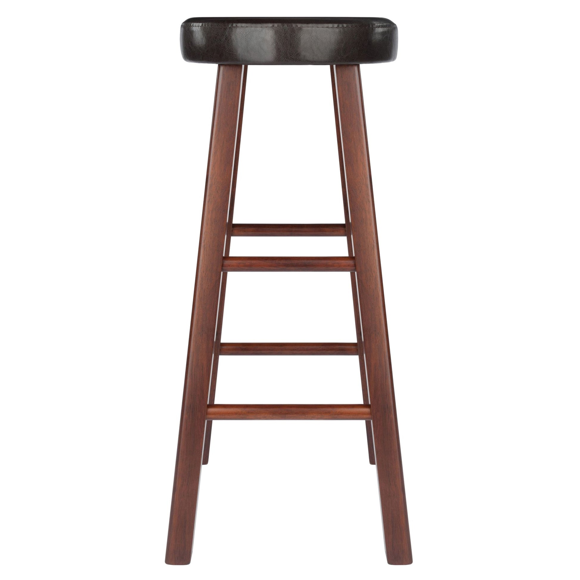 Wooden bar stool set with crossbar footrests and cushioned top
