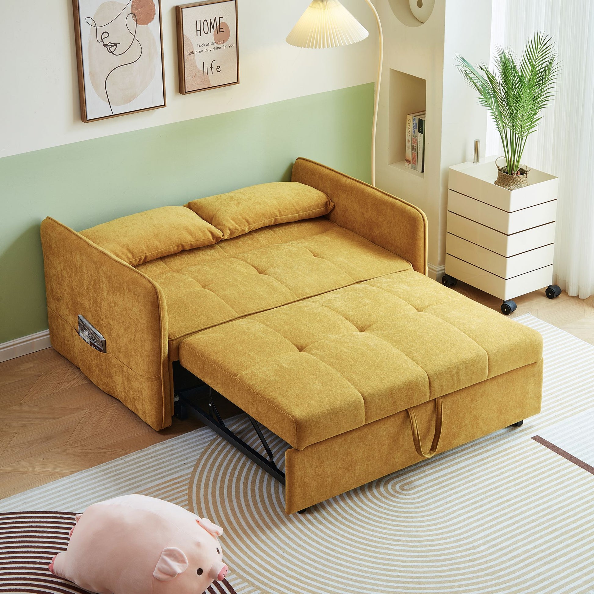 Chenille Fabric Pull-Out Sleeper Loveseat Sofa in Yellow