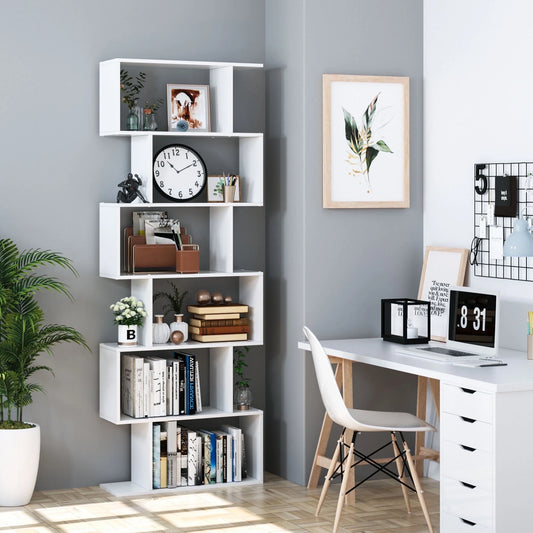 Geometric Bookcase Wooden Wood S Shape Storage Display Unit Bookcase Bookshelf 6-Tier Storage, 75" H X 27.6" W, White