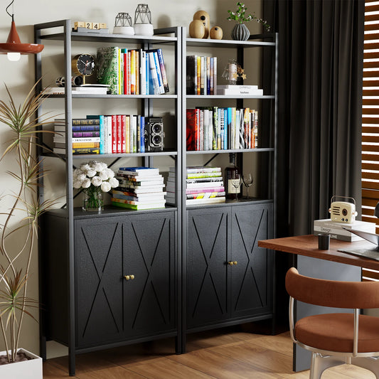 Farmhouse Bookshelf and Bookcase with Doors, Crosshatch Design, 4 Shelves, 1 Pack, Black