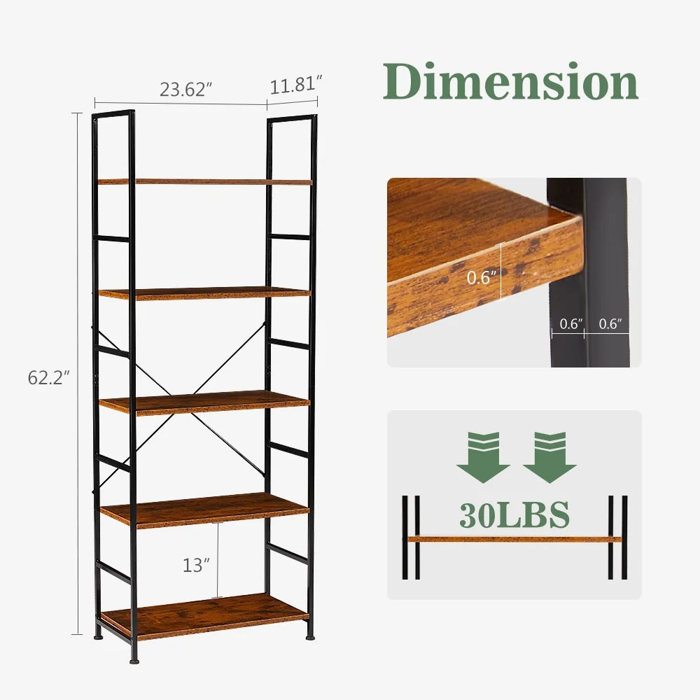 Bookcase, 5 Tier Book Shelf, Storage Shelf, Classic Modern Bookcase for Cds, Movies, Books, Industrial Bookcase for Home Office, Living Room, Kitchen, Bedroom, Rust Brown